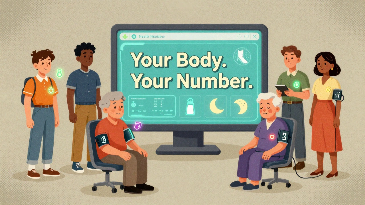 Diverse patients with personalized blood pressure targets glowing around them, symbolizing individualized heart health.