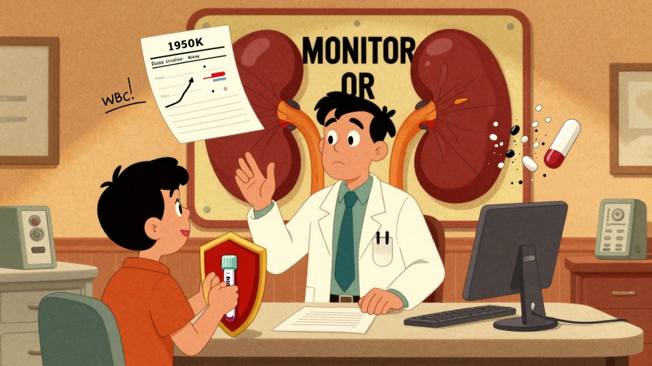 Doctor and patient with blood test results, NSAIDs crumbling, acetaminophen as shield.