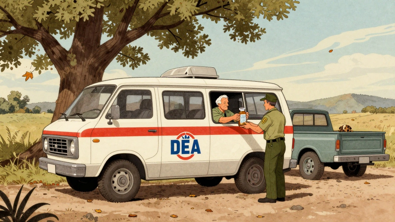 Elderly man hands prescription medicine to an officer at a mobile DEA collection van in a rural area.
