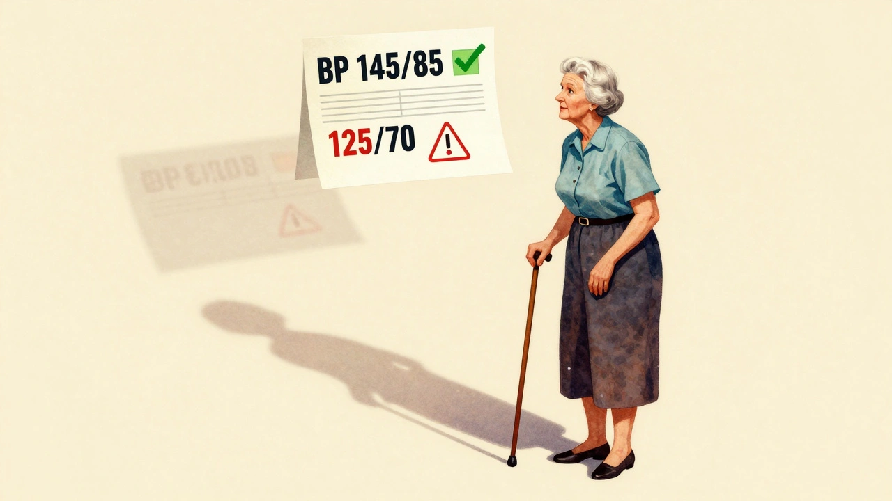 Elderly woman near a cane, her shadow falling, with a medical chart showing a safe blood pressure reading above.