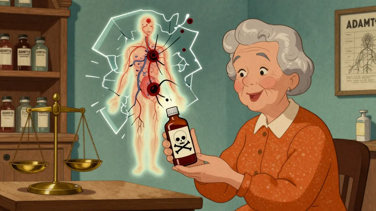 Elderly woman receiving quinine bottle that turns into skull, blood vessels blocked in body map, vintage pharmacy setting.