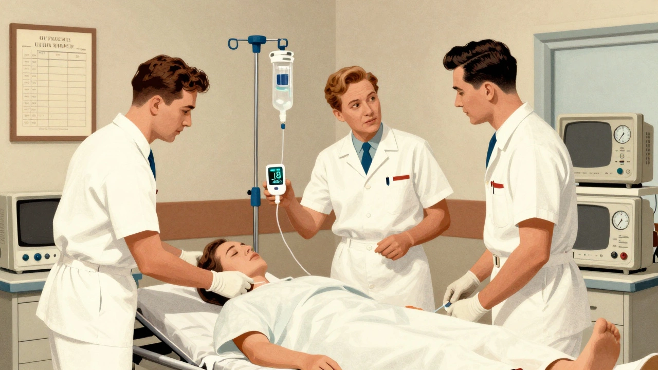 Emergency staff treating diabetic patient with IV fluids and ketone monitor in vintage-style ER.