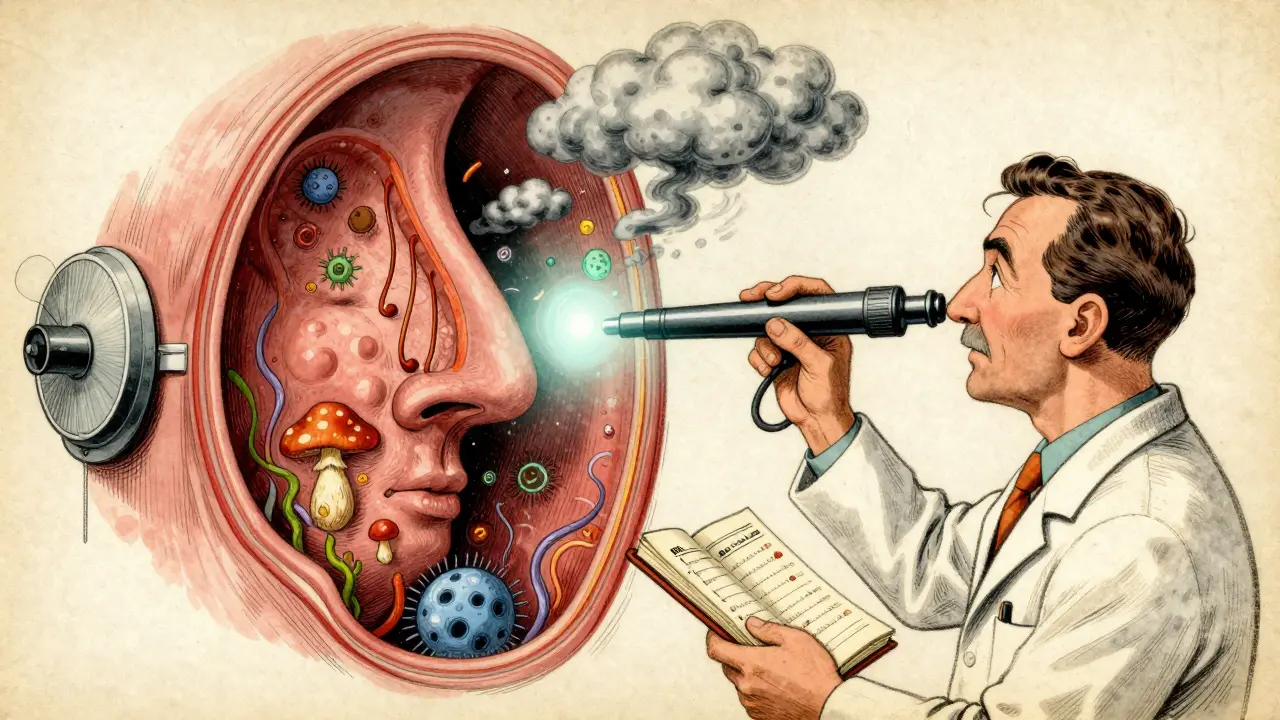 ENT specialist viewing sinuses with endoscope, revealing polyps and bacteria in stylized detail.