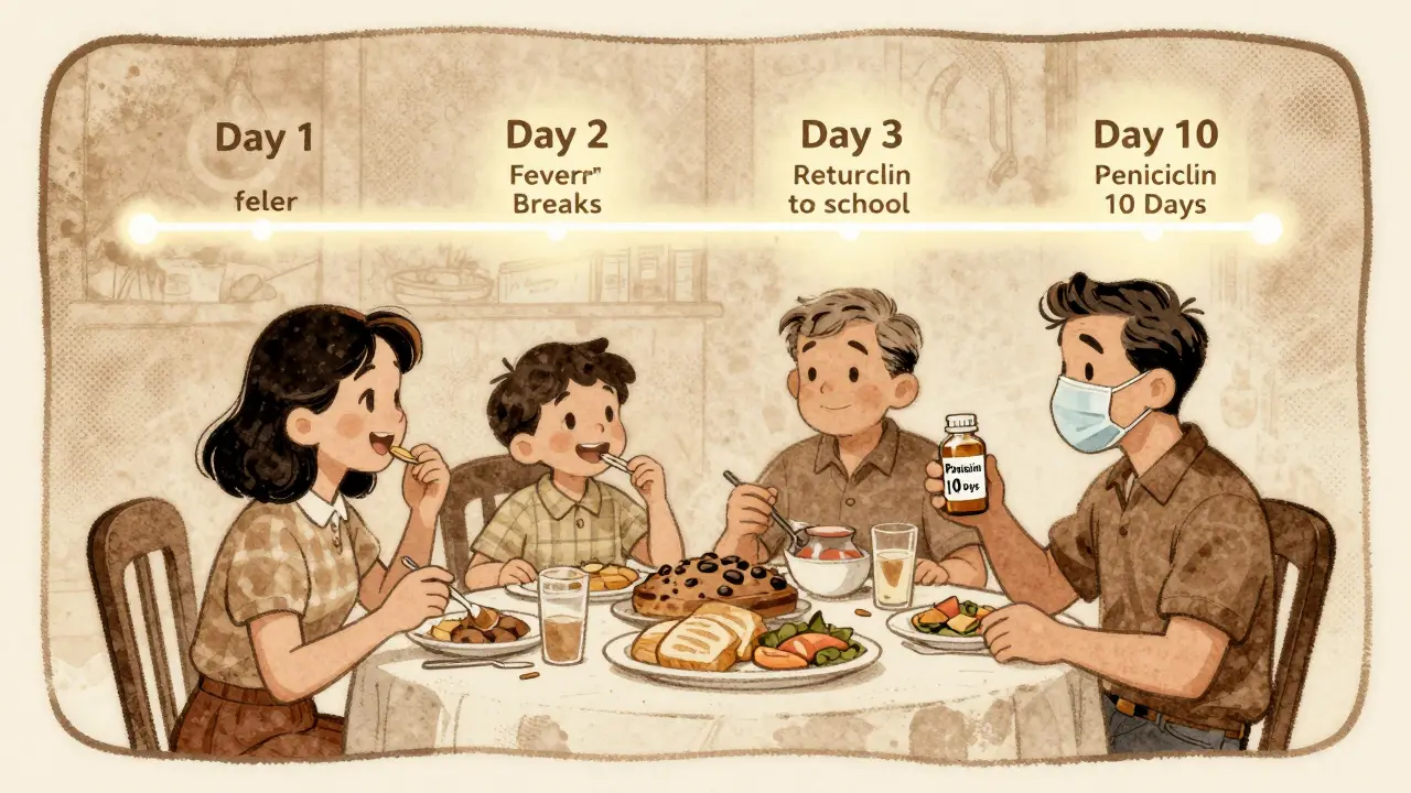 Family at dinner, one member isolated with antibiotics, recovery timeline illustrated in background.