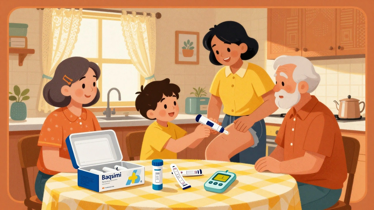 Family practicing with glucagon autoinjector, emergency kit on table with glucose strips and gel.