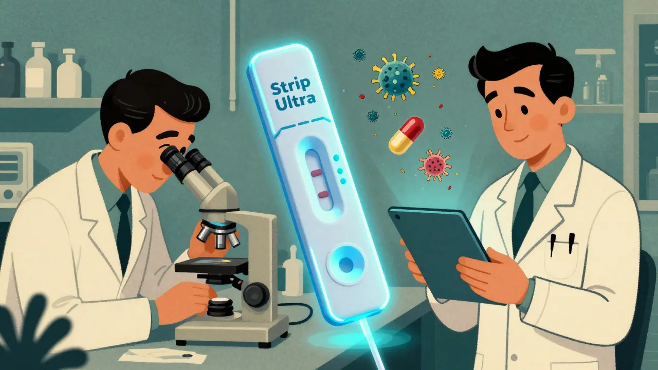 Futuristic Strep Ultra test device glowing beside a swab, vintage and modern medical scenes side by side.
