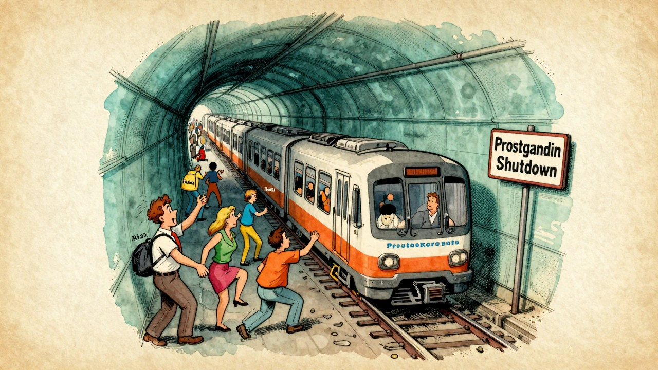 Kidney tubule as a crowded subway tunnel with trains blocked by NSAIDs, vintage illustration.