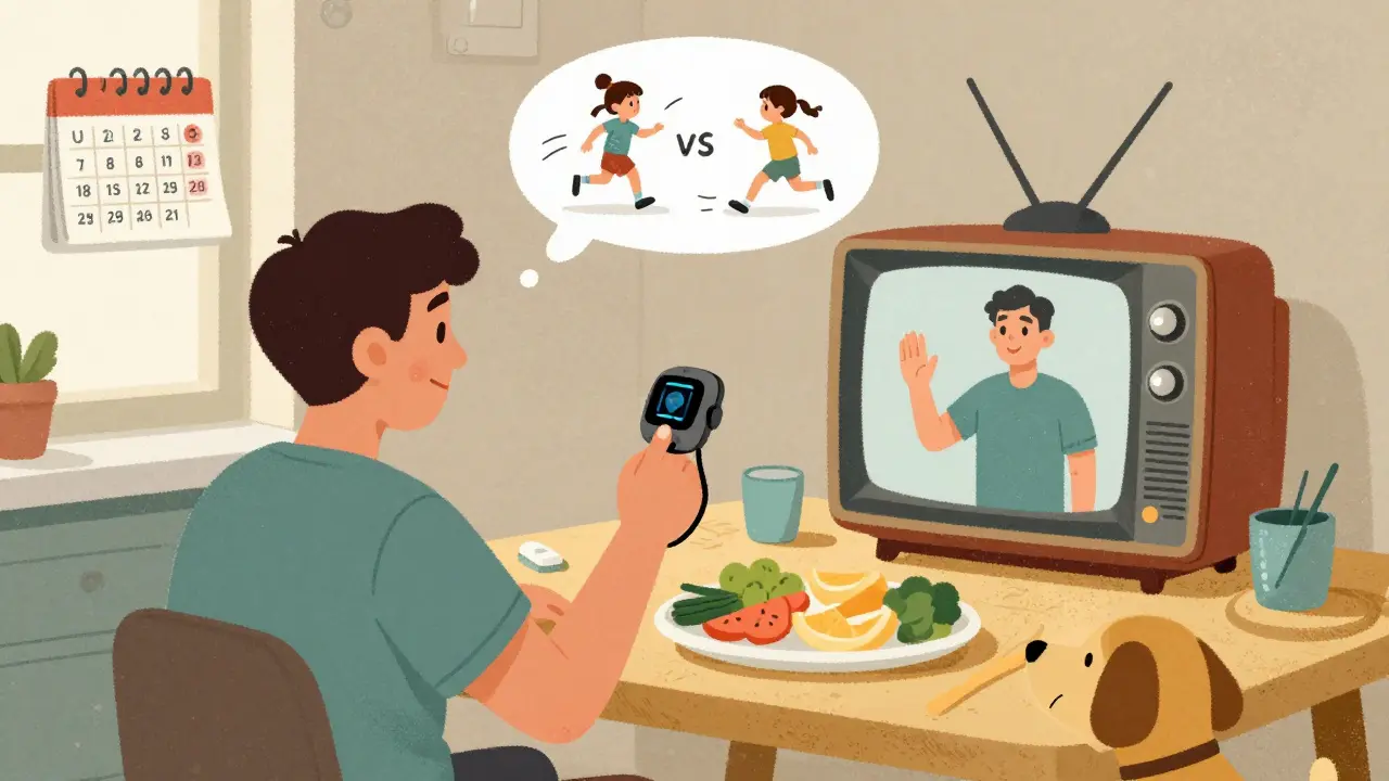 Man doing home cardiac rehab via video call, wearing heart monitor, dog beside him, healthy meal on table.