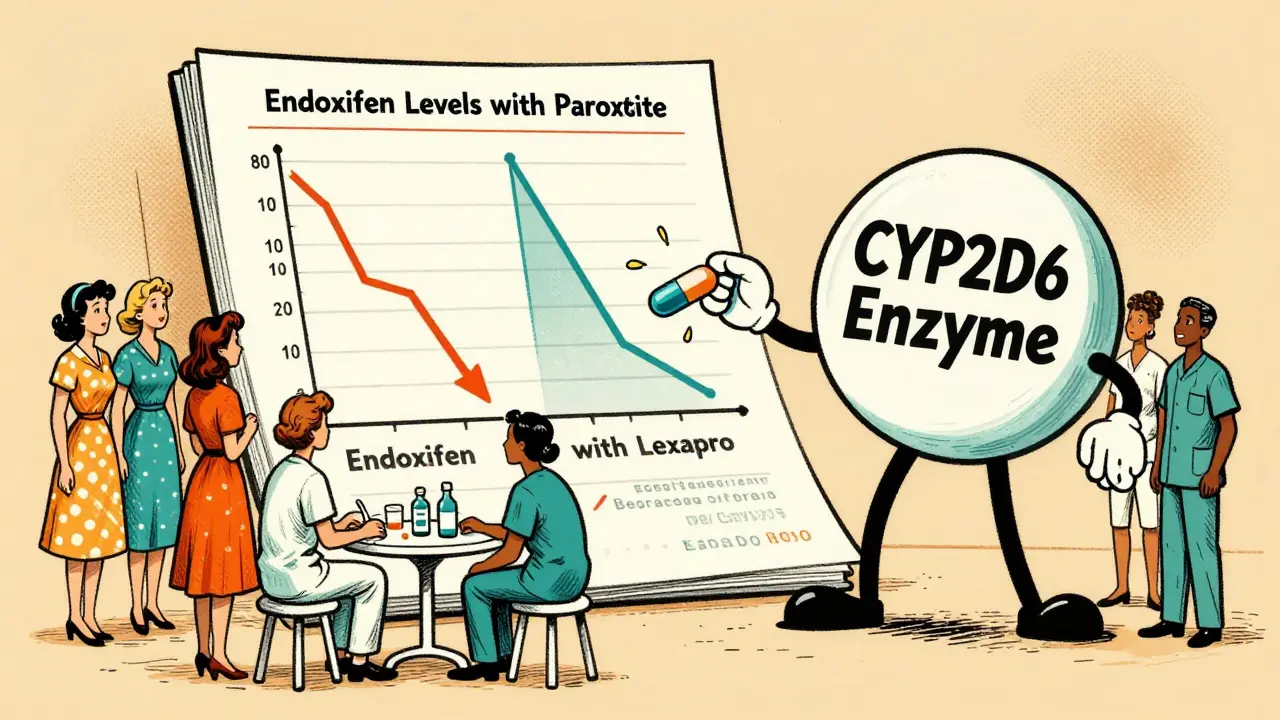 Medical chart showing endoxifen levels, with women discussing safe antidepressants.