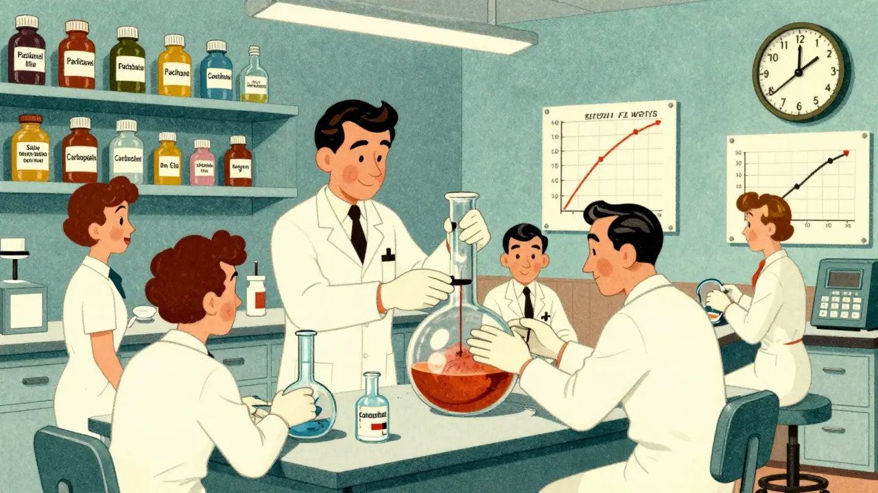 Medical staff preparing a slow desensitization protocol with glass beakers and analog timers in a retro hospital lab.