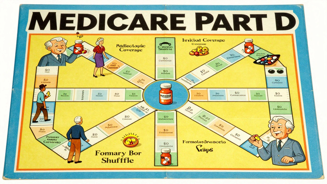 Medicare Part D formulary as a vintage board game, players advancing through coverage phases with generic savings spaces.