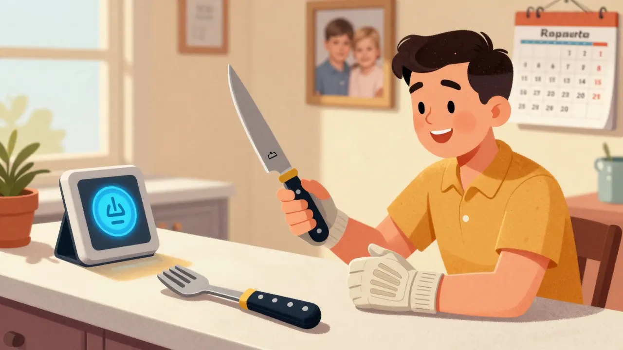 Occupational therapist showing ergonomic tools for daily tasks in a kitchen.