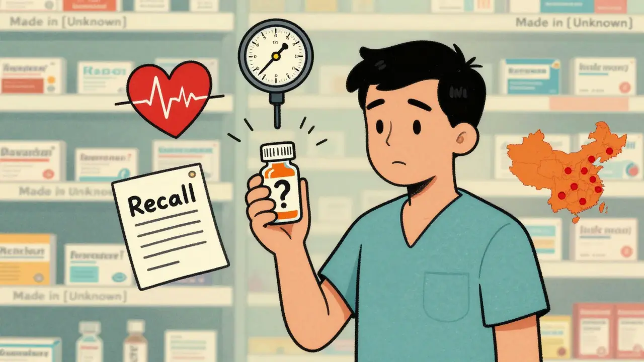 Patient holding a pill surrounded by health icons and country labels, in faded retro poster style.