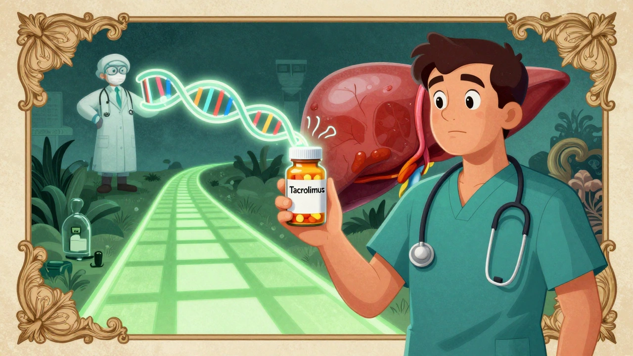 Patient holding pill bottle with DNA helix leading to smart bottle and thriving liver
