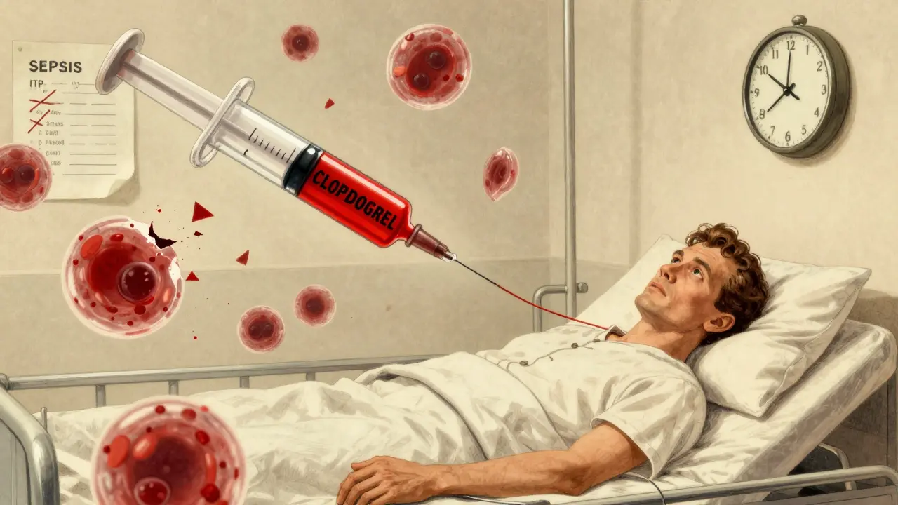 Patient in hospital with shattered red blood cells floating around, syringe labeled 'Clopidogrel' being removed, clock ticking.