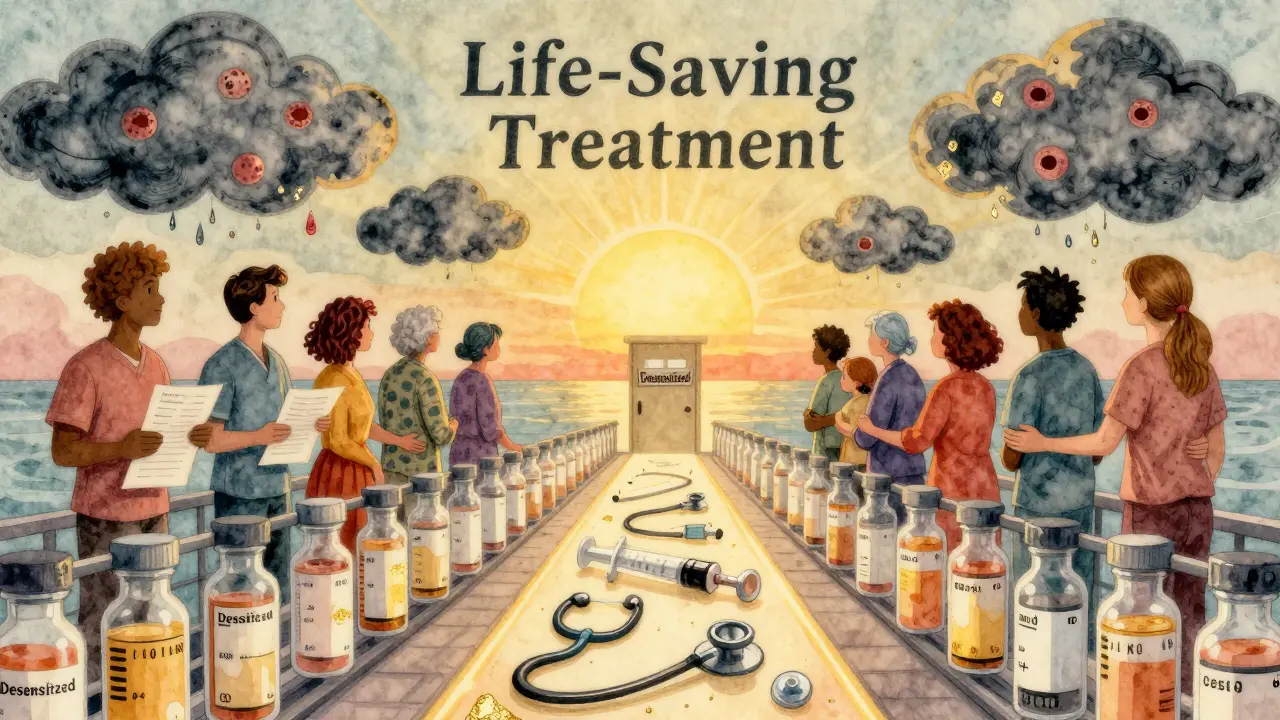 Patients walking toward a bright horizon on a path made of medical vials, leaving behind allergic reaction clouds.