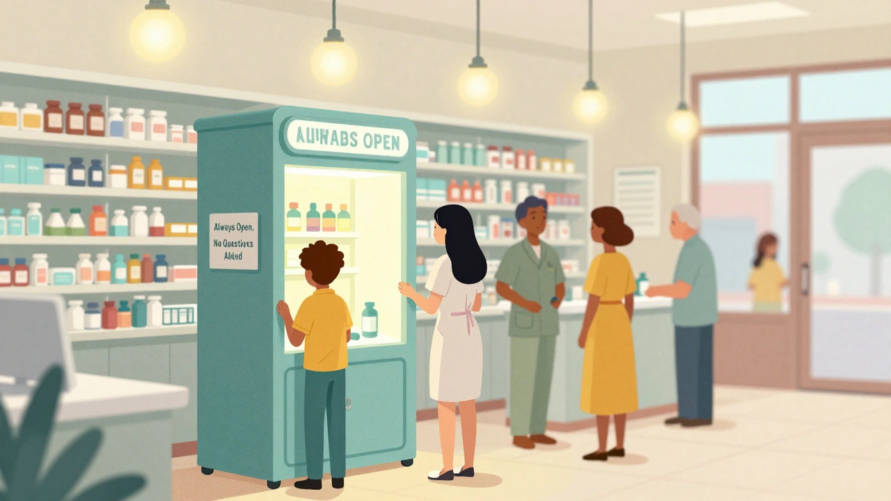 People use a permanent drug disposal kiosk inside a cozy pharmacy with warm lighting.