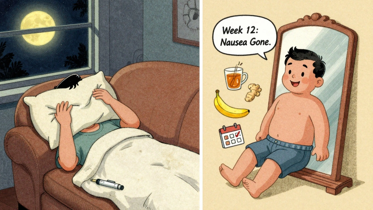 Person sleeping with injection pen, then smiling in fitted clothes two months later