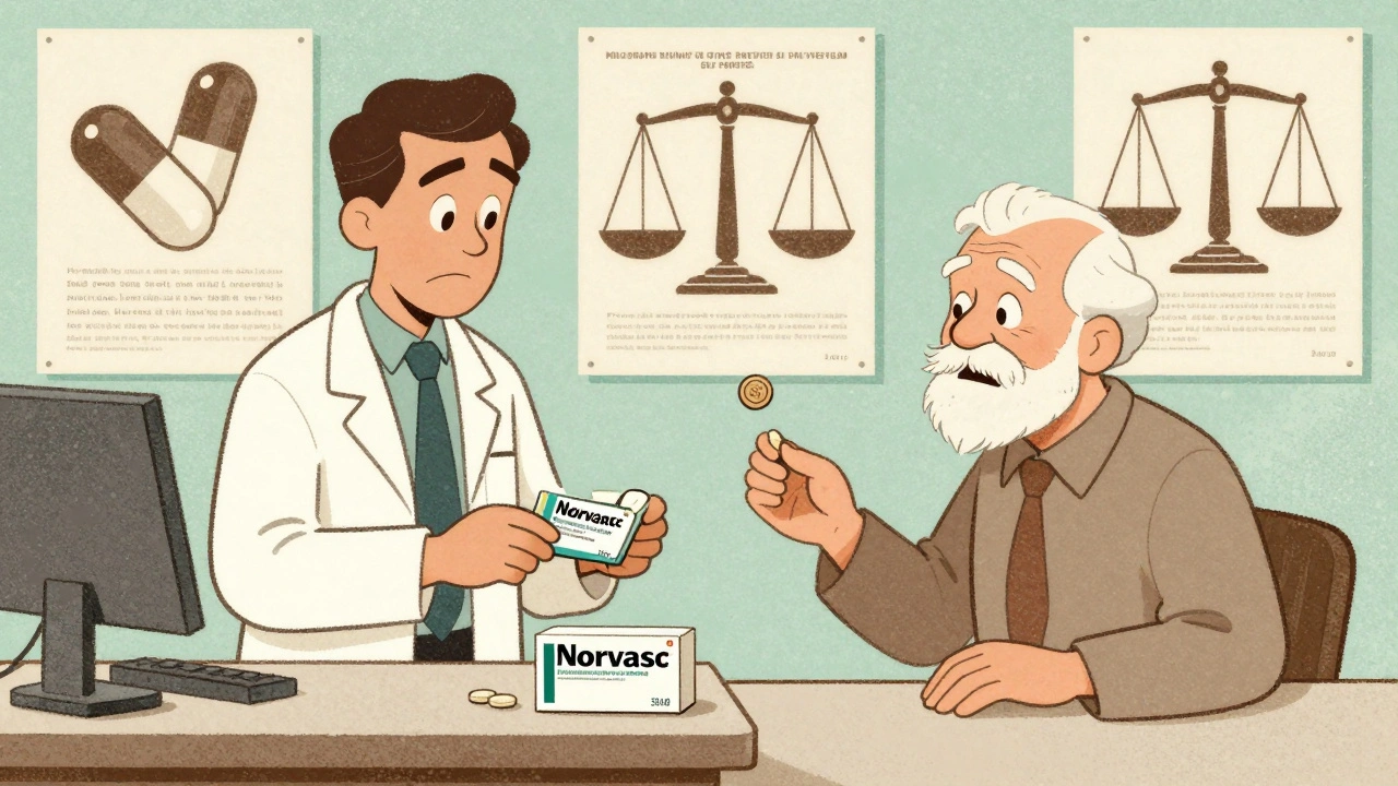 Pharmacist swapping brand-name pill for generic, senior receiving savings coin, vintage medical poster backdrop.