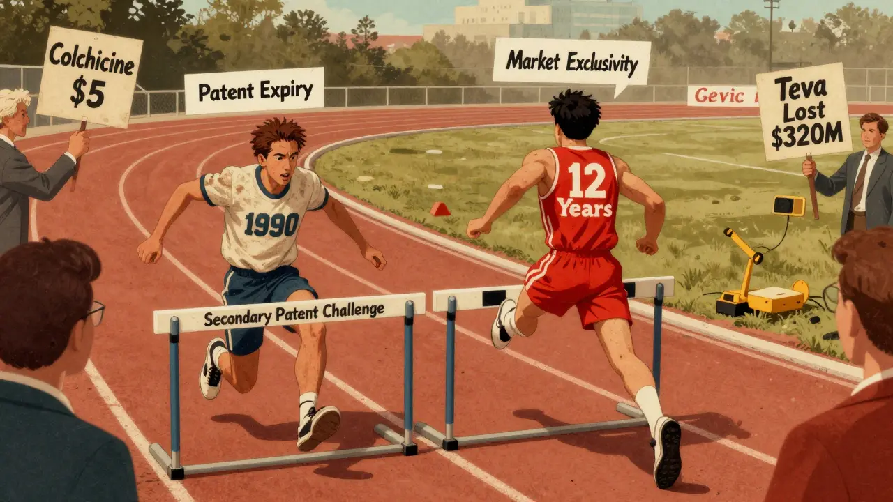 Race track with two runners representing patent and exclusivity, one stumbling, the other winning toward generic entry.