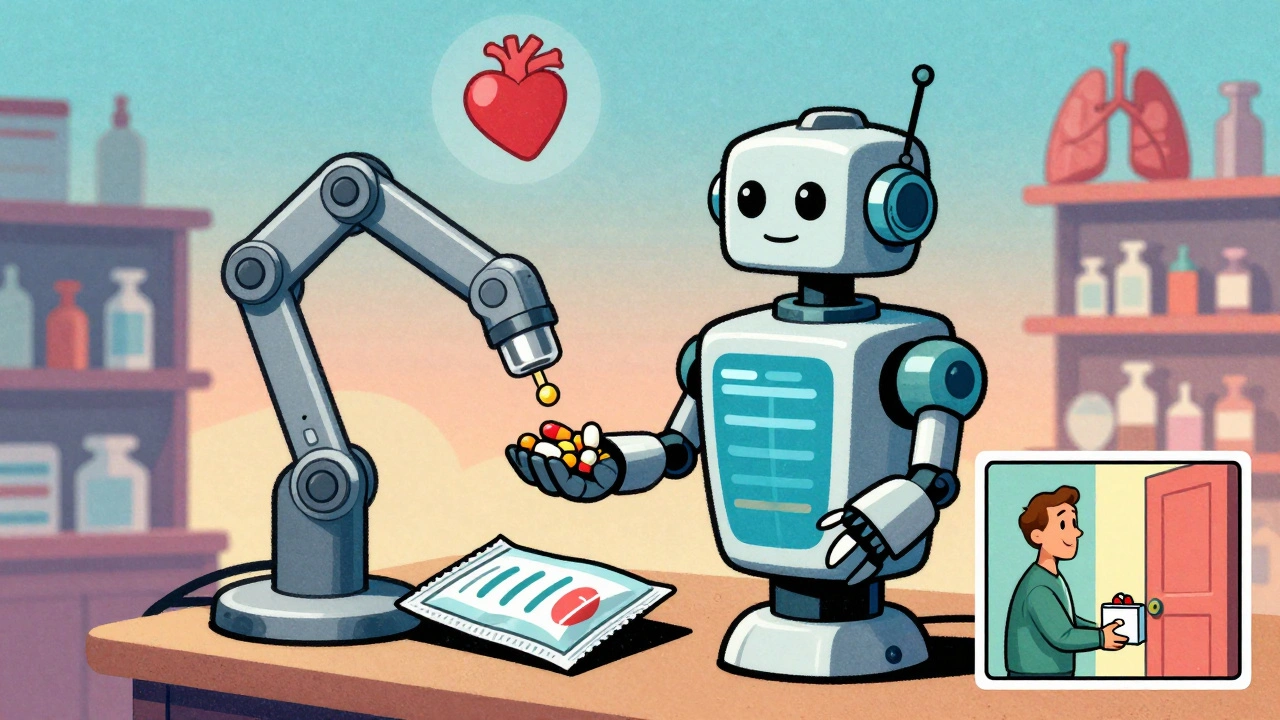 Retro-futuristic robot dispensing pills into a sealed package with medical icons floating around.