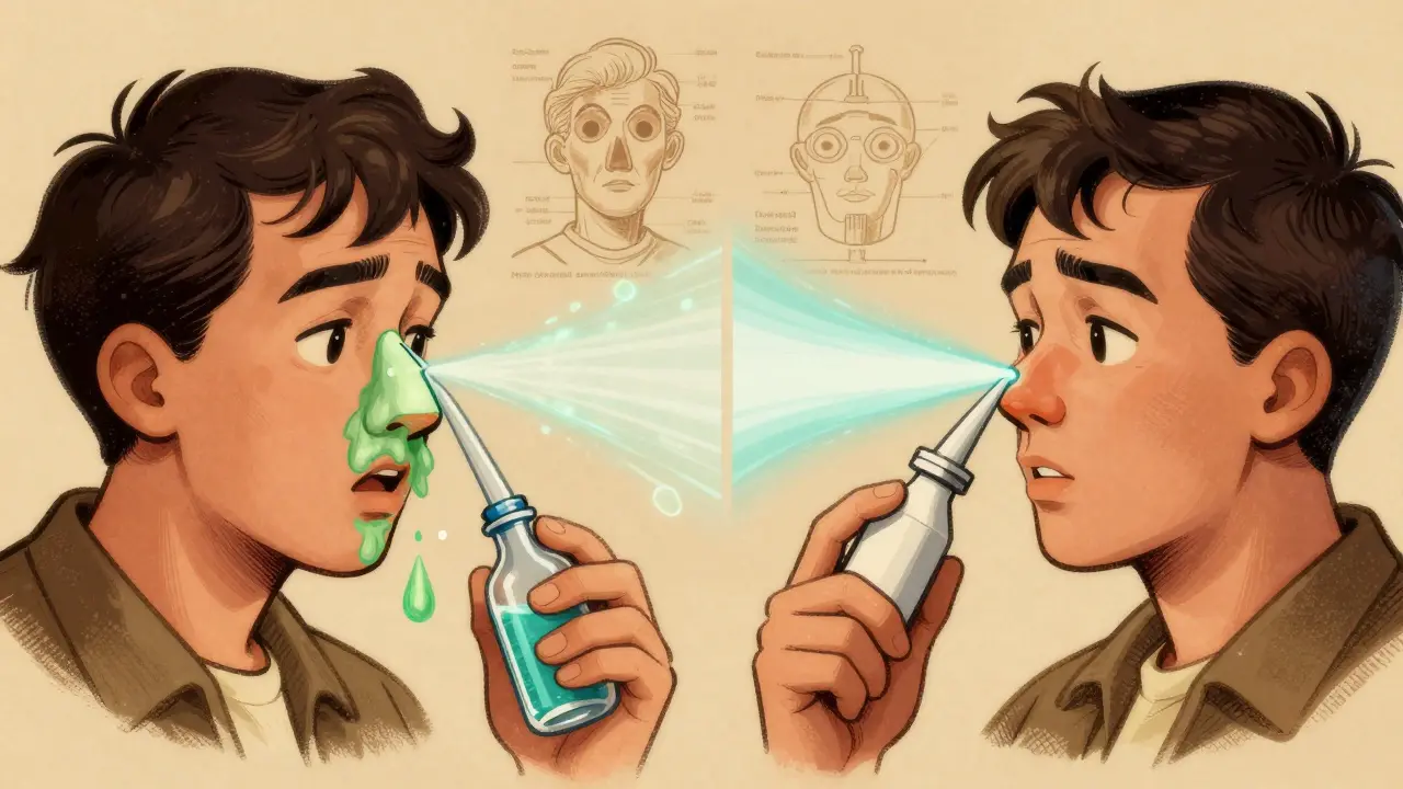 Side-by-side treatment scene: neti pot flushing sinuses and nasal spray reducing inflammation.