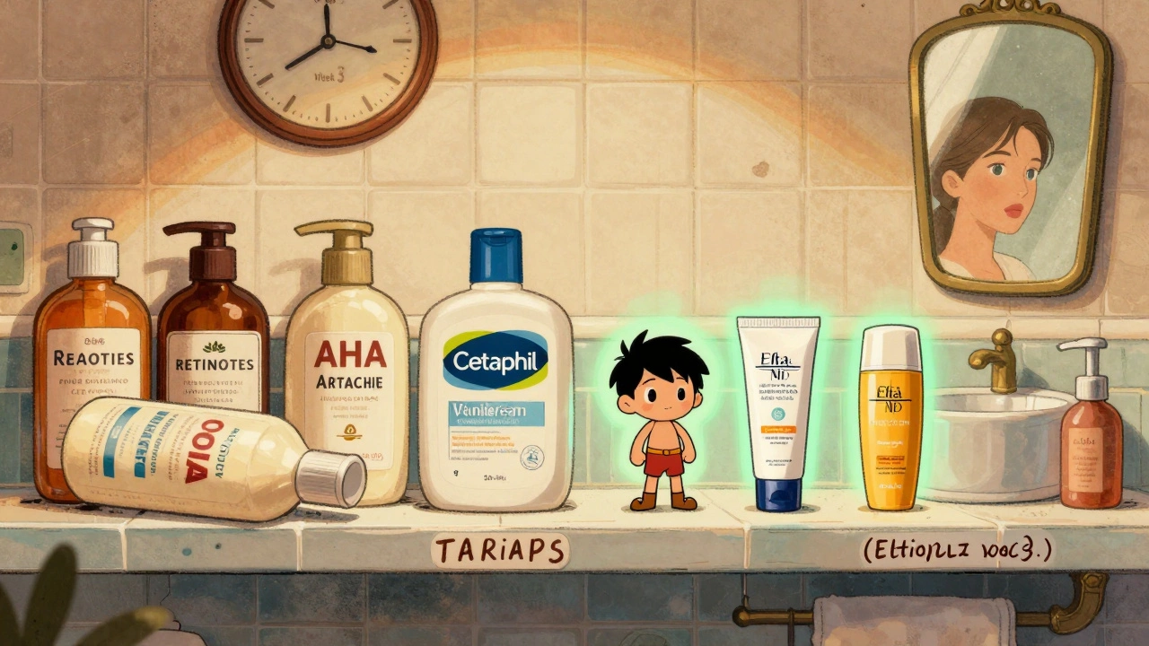 Skincare products toppled in battle, with three gentle brands standing victorious on a vintage bathroom shelf.