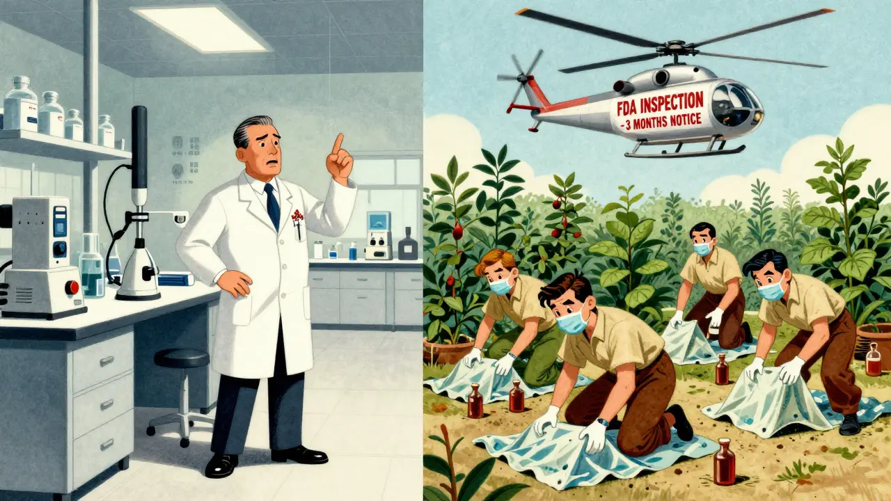 Split illustration comparing a clean U.S. lab with a dirty foreign plant hiding problems from inspectors.