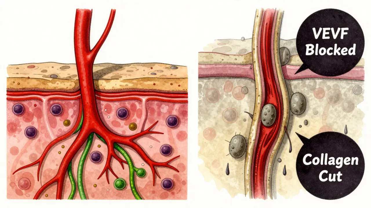 Split illustration comparing healthy wound healing versus sirolimus-impaired healing, in retro scientific style.