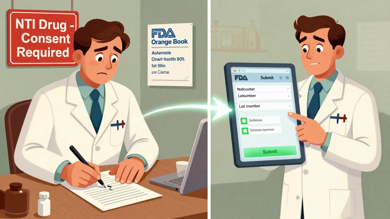 Split illustration showing pharmacist transitioning from handwritten logs to digital substitution records in a pharmacy setting.