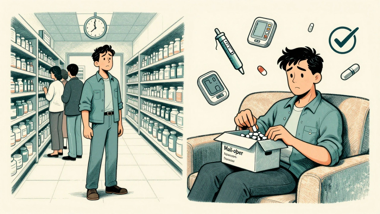 Split scene: frustrated man in pharmacy line vs. relaxed man receiving mail-order meds at home.
