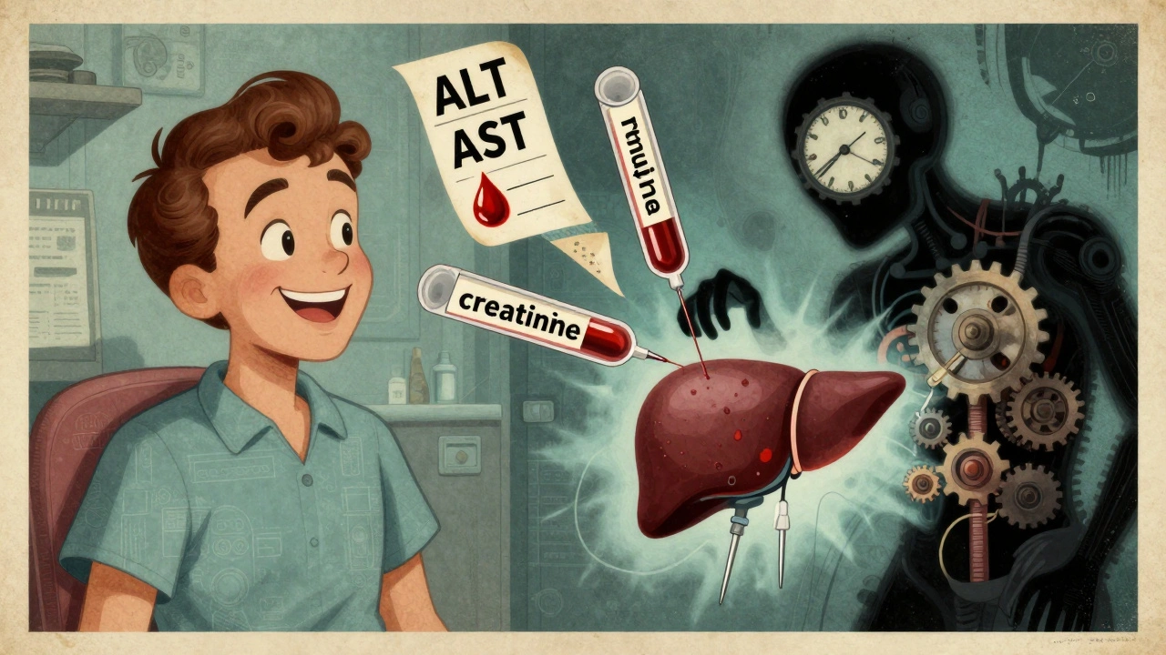 Split scene of happy patient and shadowy immune system draining color from a liver