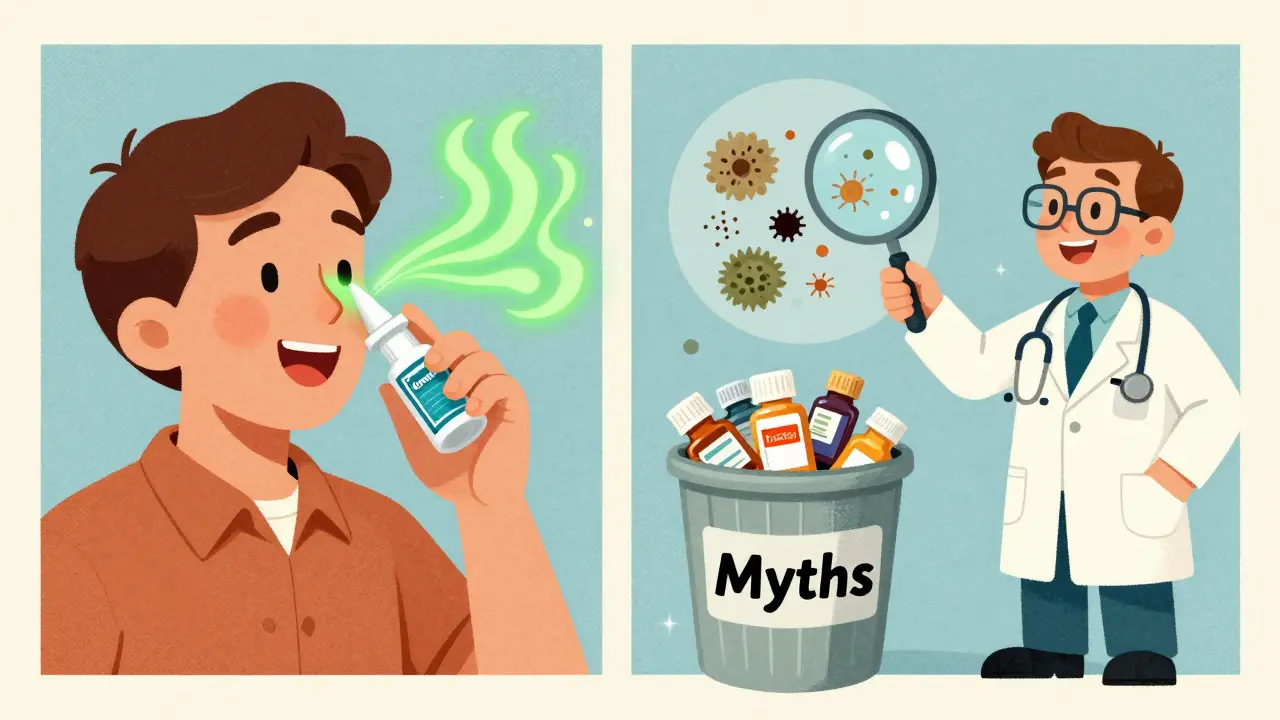 Split scene: one person using nasal spray with positive effects, another discarding antihistamines as a doctor reveals hidden allergens.