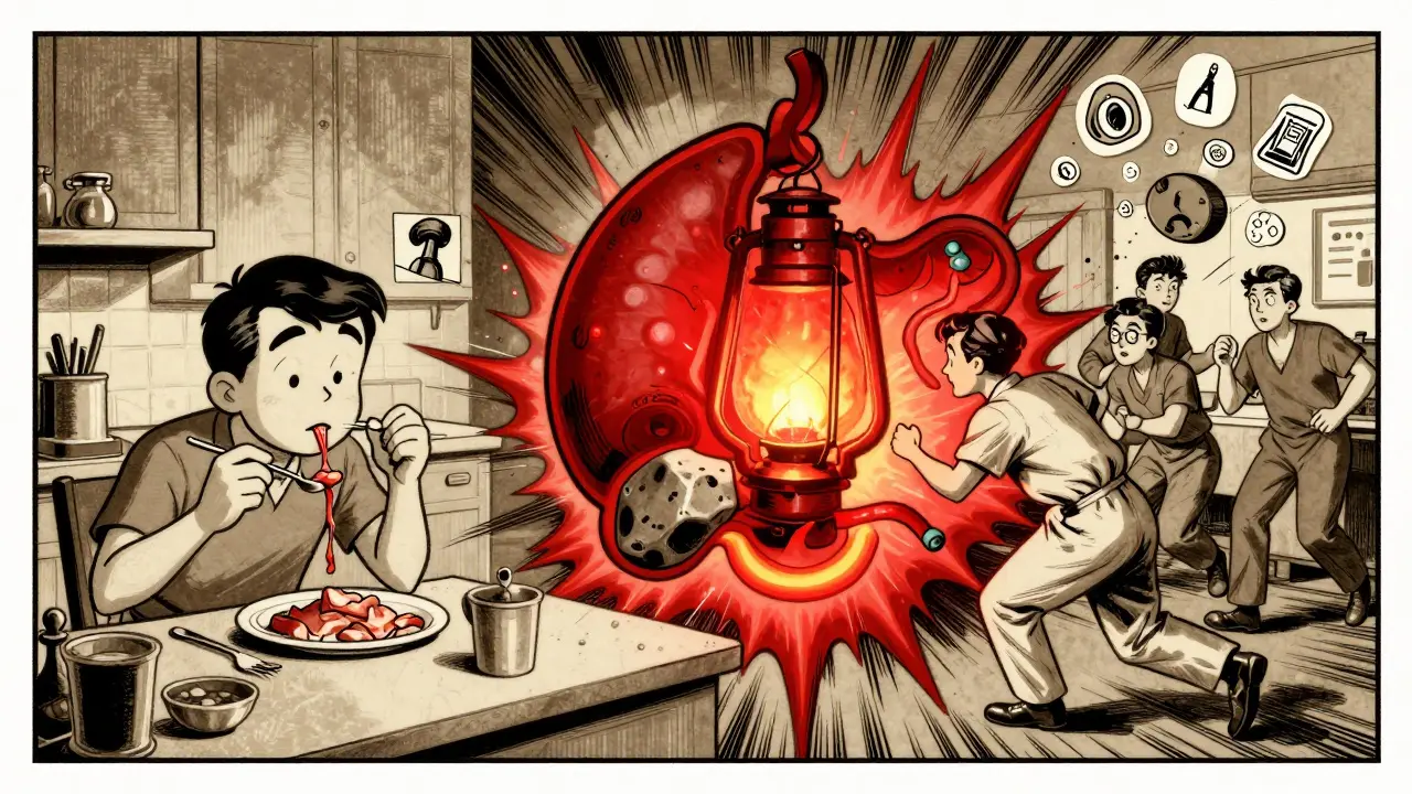 Split scene: peaceful meal turning into emergency room with inflamed gallbladder and medical staff rushing.