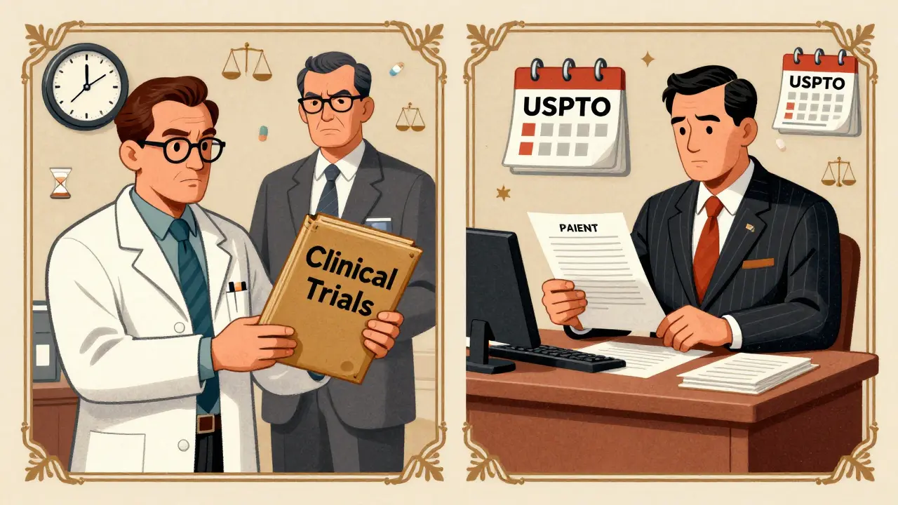 Split scene: scientist submitting clinical data to FDA and lawyer filing patent at USPTO, both in vintage style.