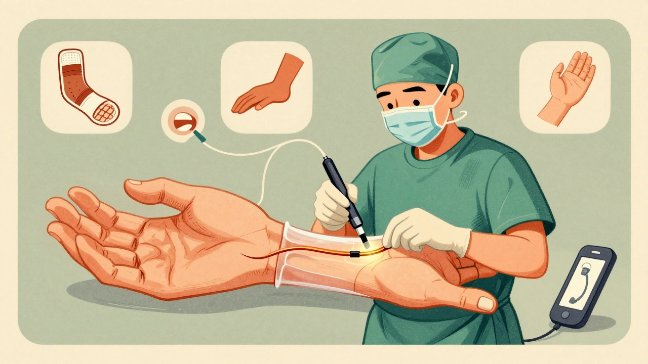 Surgeon performing endoscopic carpal tunnel surgery with before-and-after views of the nerve.
