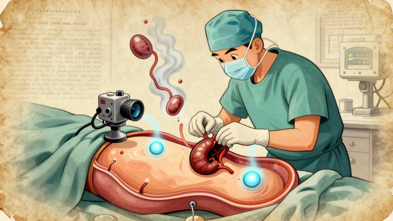 Surgeon removing gallbladder through tiny incisions with glowing tools in vintage medical illustration style.