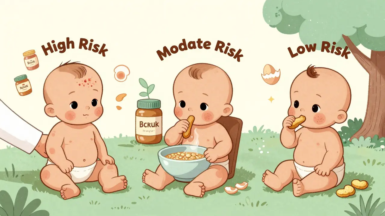 Three babies in different settings representing low, moderate, and high risk for peanut allergy introduction.