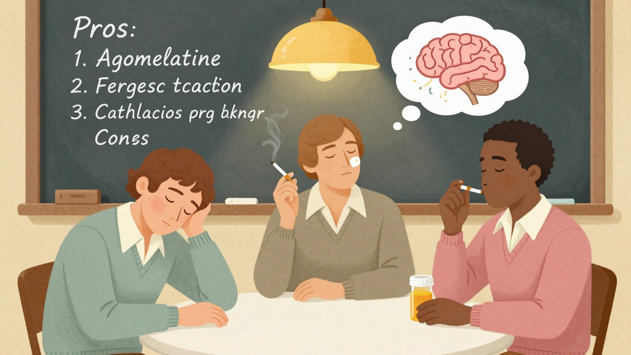 Three people at a table with medications and brain icons, shown in nostalgic 1970s cartoon style.