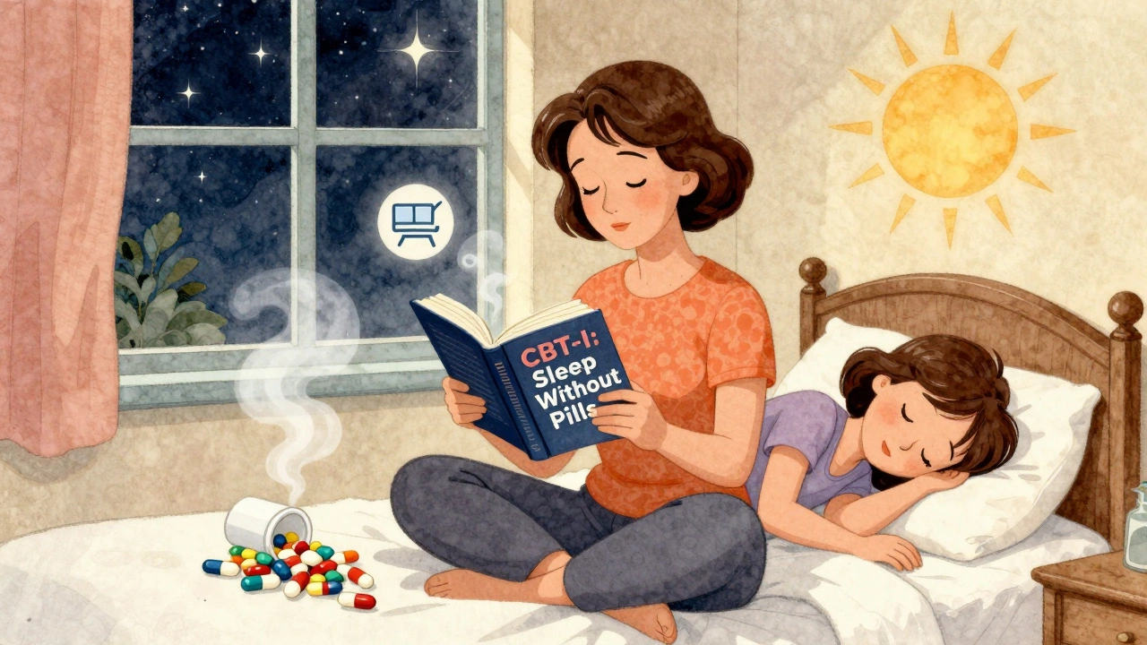 Woman practicing CBT-I for insomnia, leaving behind pill dependency in a peaceful, illustrated scene.