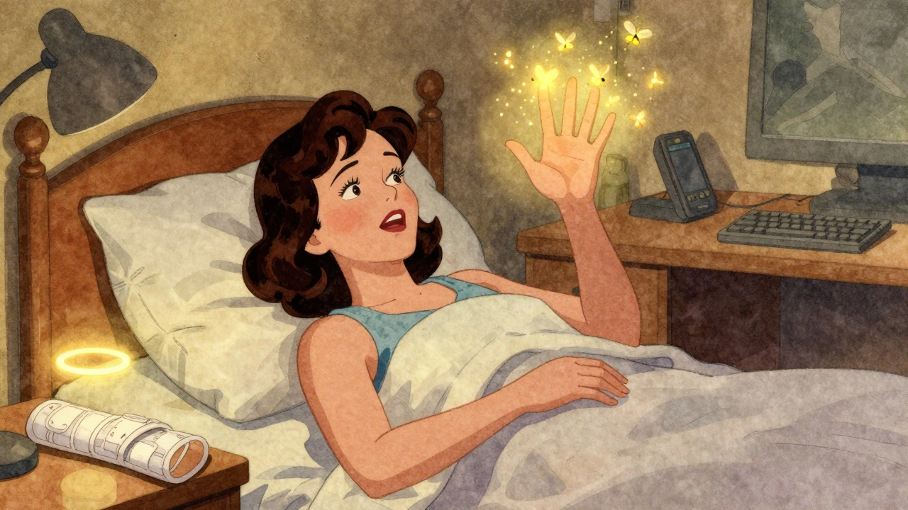 Woman shaking her hand at night as numb fingers glow and drift away, splint on bedside table.