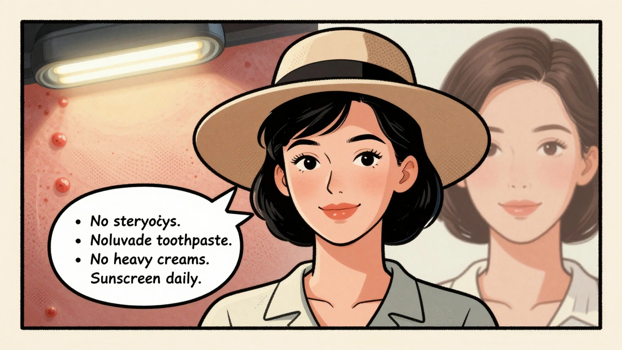 Woman smiling in sunlight with clear skin, holding a checklist for perioral dermatitis recovery.