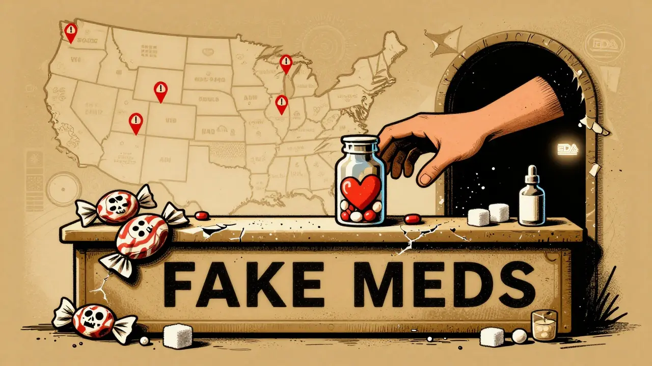 A crumbling fake pharmacy counter made of sugar and chalk, with fentanyl pills and a glowing safety logo.