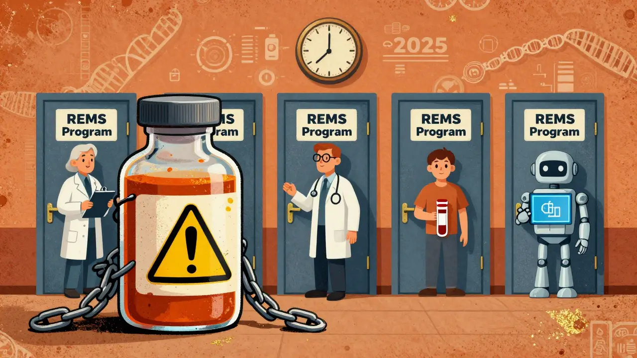 A dangerous drug passing through REMS checkpoints guarded by healthcare figures and blockchain tech, vintage poster style.