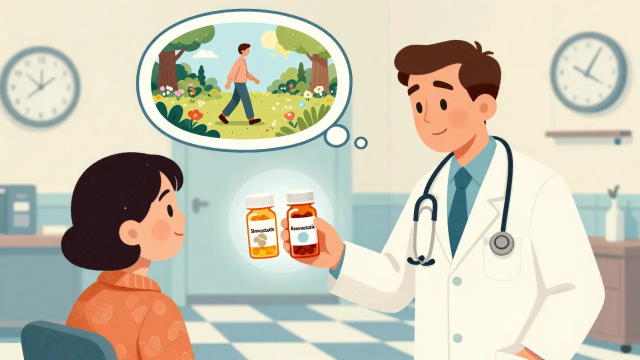 A doctor offers two statin options—one linked to brain fog, the other to mental clarity—in a retro medical office.