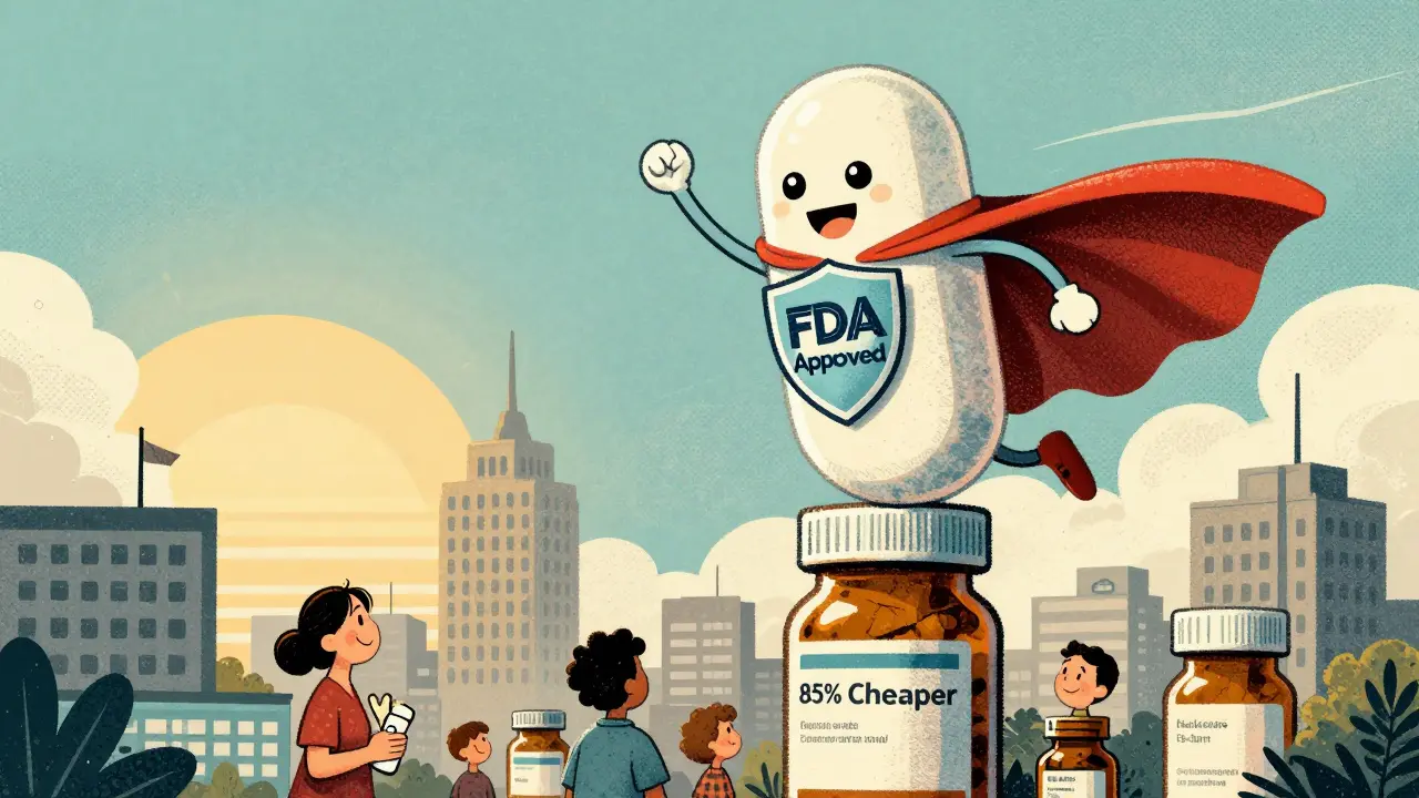 A giant generic pill superhero lands on a city of medicine bottles, with a shield marked 'FDA Approved' and cape saying '85% Cheaper'.