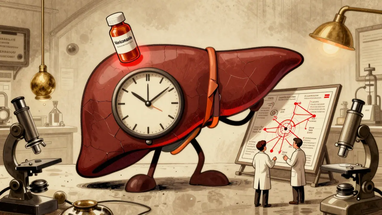 A glowing liver under pressure from antifungal pills, doctors consulting a drug interaction map.