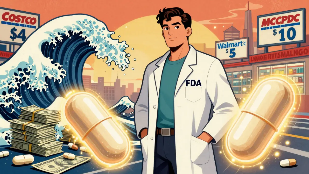 A heroic FDA figure beside identical generic and brand pills, with savings displayed in a vibrant 70s style.