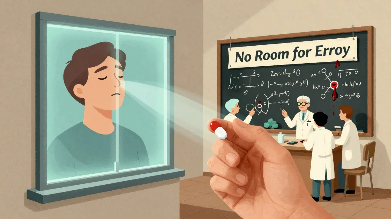 A patient holding a thyroid medication as a glowing therapeutic window shows calm vs. chaotic health outcomes.