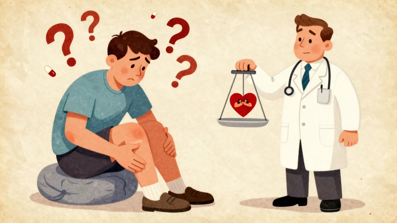 A patient with muscle pain surrounded by statin pills and medical symbols on a vintage-style scale.